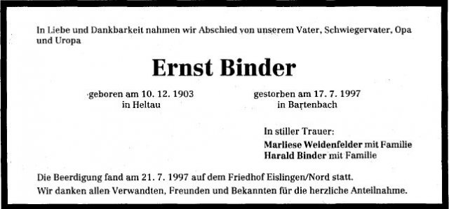 Binder Ernst 1903-1997 Todesanzeige